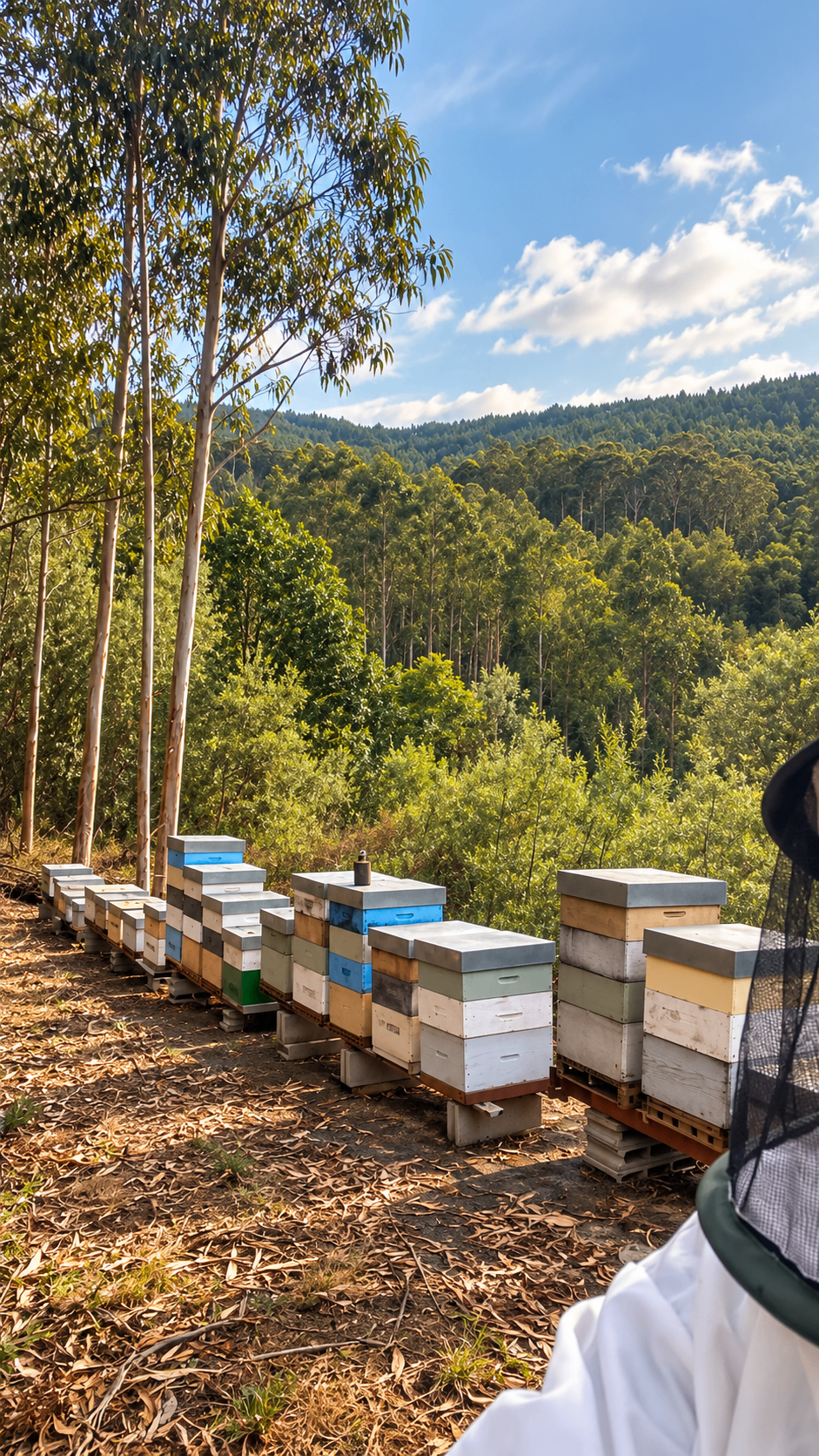 Colmeas O Abelleiro no eucaliptal, cos montes galegos ao fondo